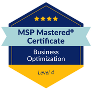 A blue, gold, and white certificate badge featuring the trademarked text MSP Mastered® Business Optimization. This certification signifies expertise in optimizing managed IT service provider businesses.